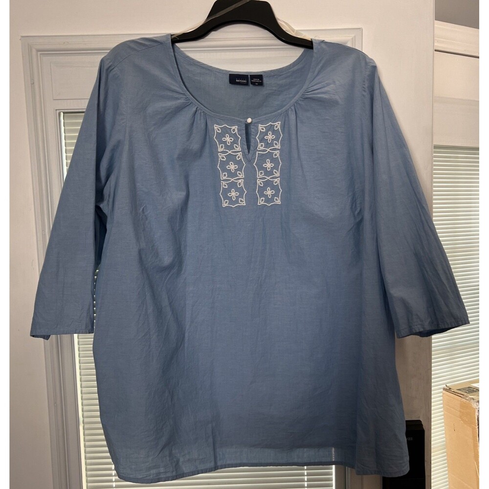 Basic Editions Blue 100% Cotton Tunic Beaded Design Women’s 2x Plus